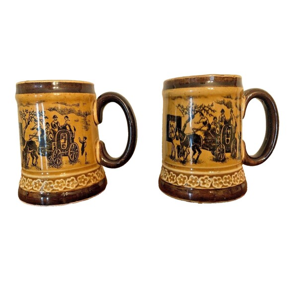 Steins Vintage Japan Victorian Carriage Stagecoach Scene Mugs Relco Set of 2 - Picture 1 of 11